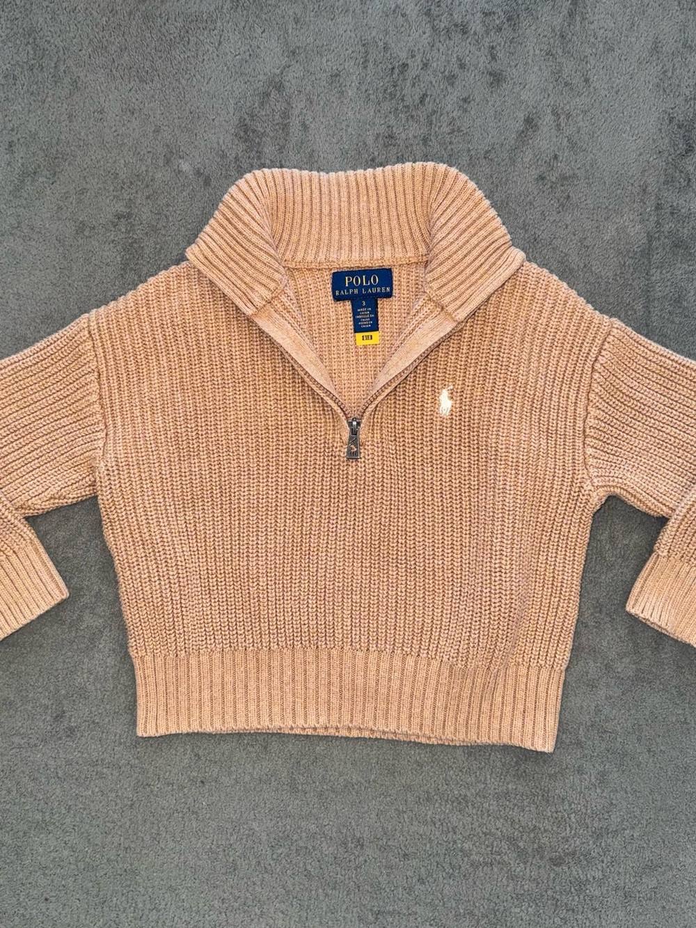 Polo Ralph Lauren Girls Size 3 Tan Cotton Quarter Zip Knit Sweater